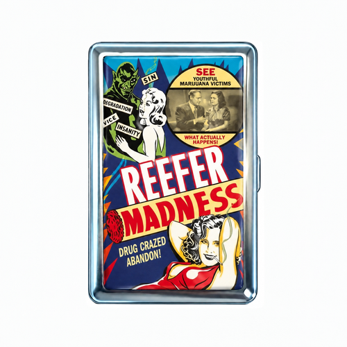Bad Influence tin cardholder wallet, closed, printed with a lurid 1936 moral panic poster about reckless youth.