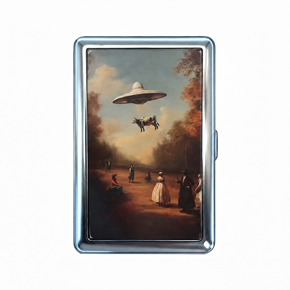 Beamed Up tin cardholder wallet, closed, printed with an oil painting of a flying saucer lifting a cow.