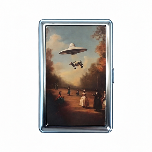 Beamed Up tin cardholder wallet, closed, printed with an oil painting of a flying saucer lifting a cow.