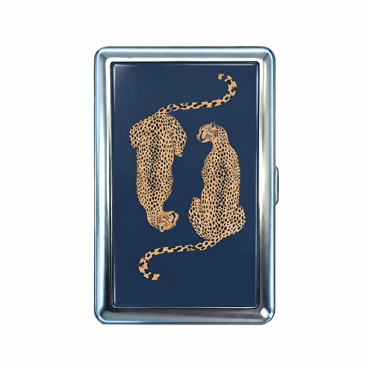 Big Cat Energy tin cardholder wallet, closed, printed with two spotted leopards facing each other on navy.