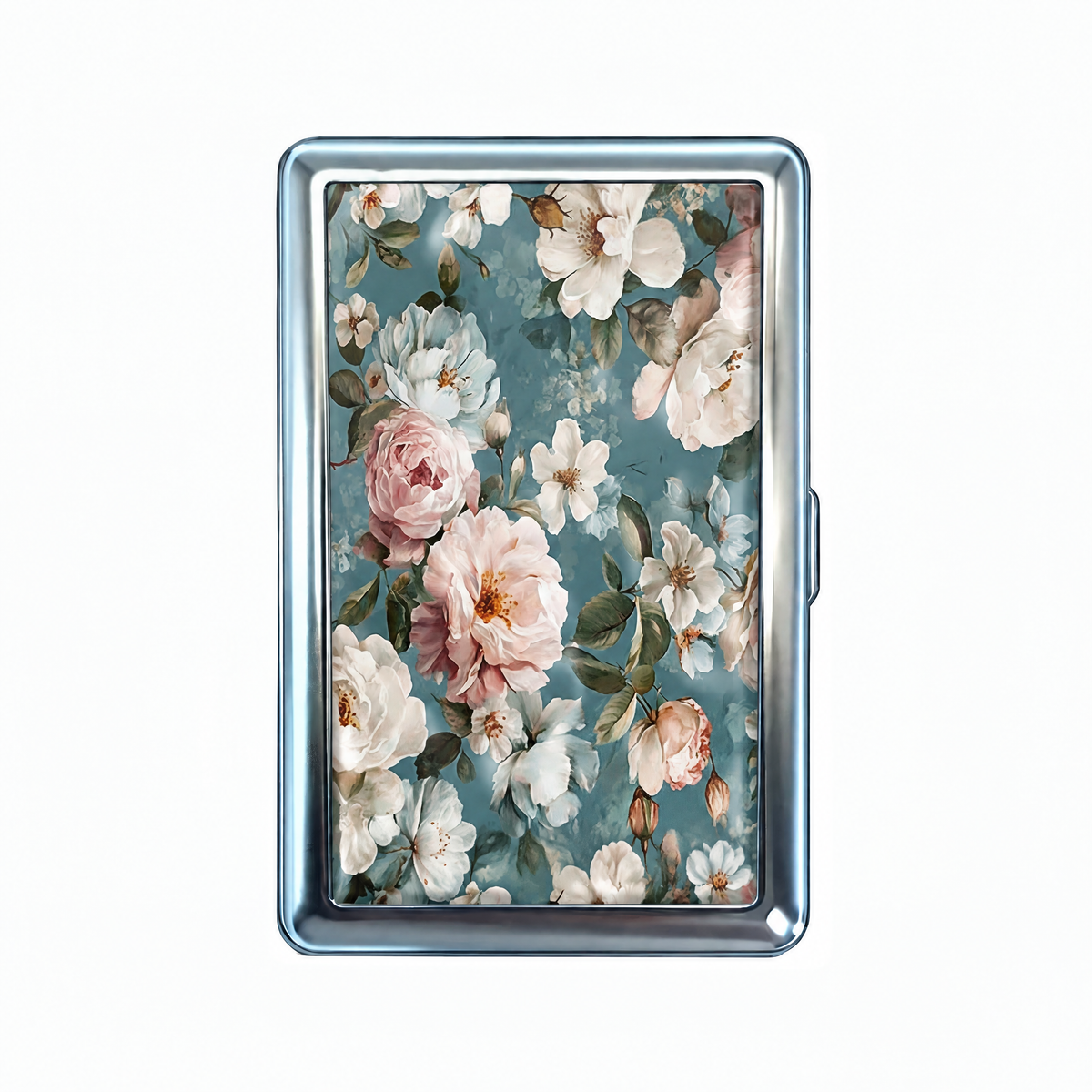 Bone China tin cardholder wallet, closed, printed with pale roses and blossom on porcelain blue.