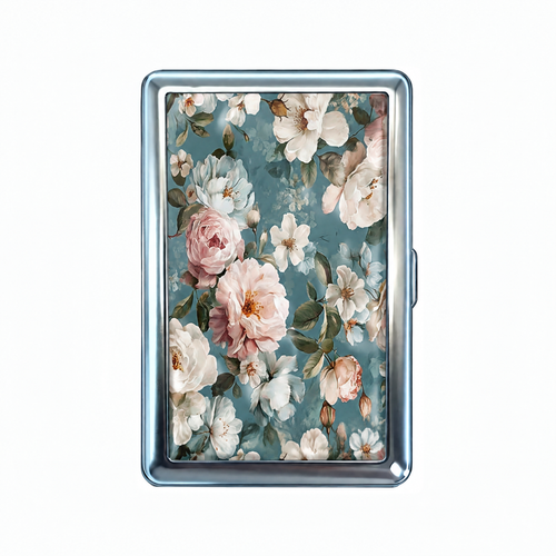 Bone China tin cardholder wallet, closed, printed with pale roses and blossom on porcelain blue.