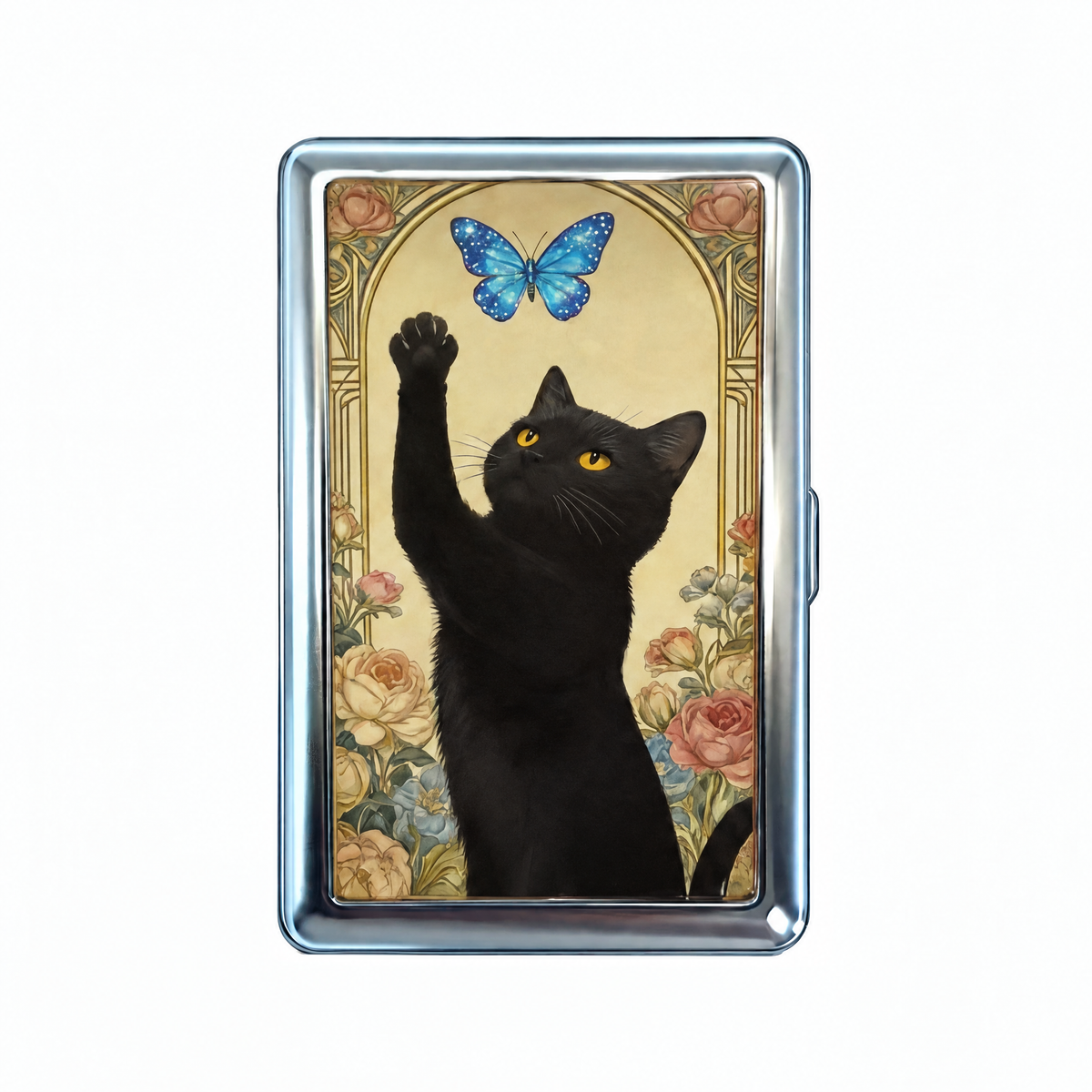 Catching Feelings tin cardholder wallet, closed, printed with a black cat reaching for a blue butterfly.