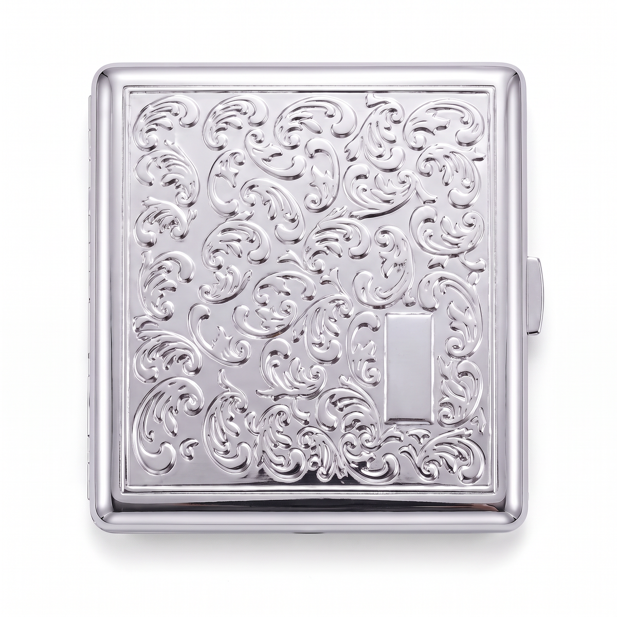 Damask chrome cardholder wallet, closed, embossed all over with a woven floral scroll in polished steel.
