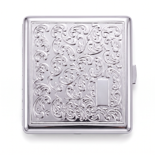 Damask chrome cardholder wallet, closed, embossed all over with a woven floral scroll in polished steel.