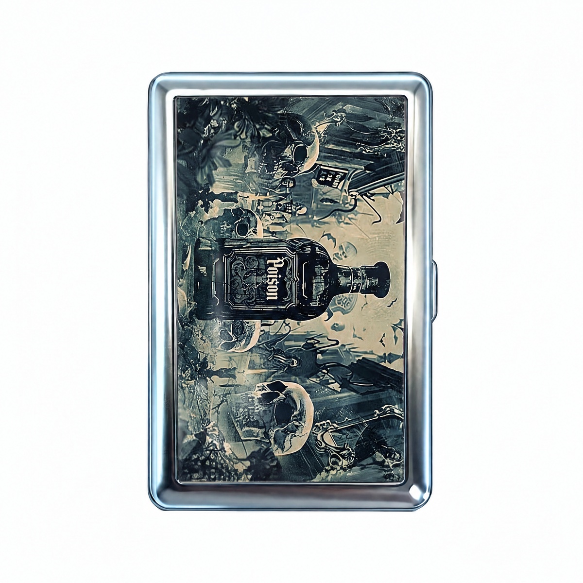 Doctor's Orders tin cardholder wallet, closed, printed with an apothecary poison bottle in a dark still life.