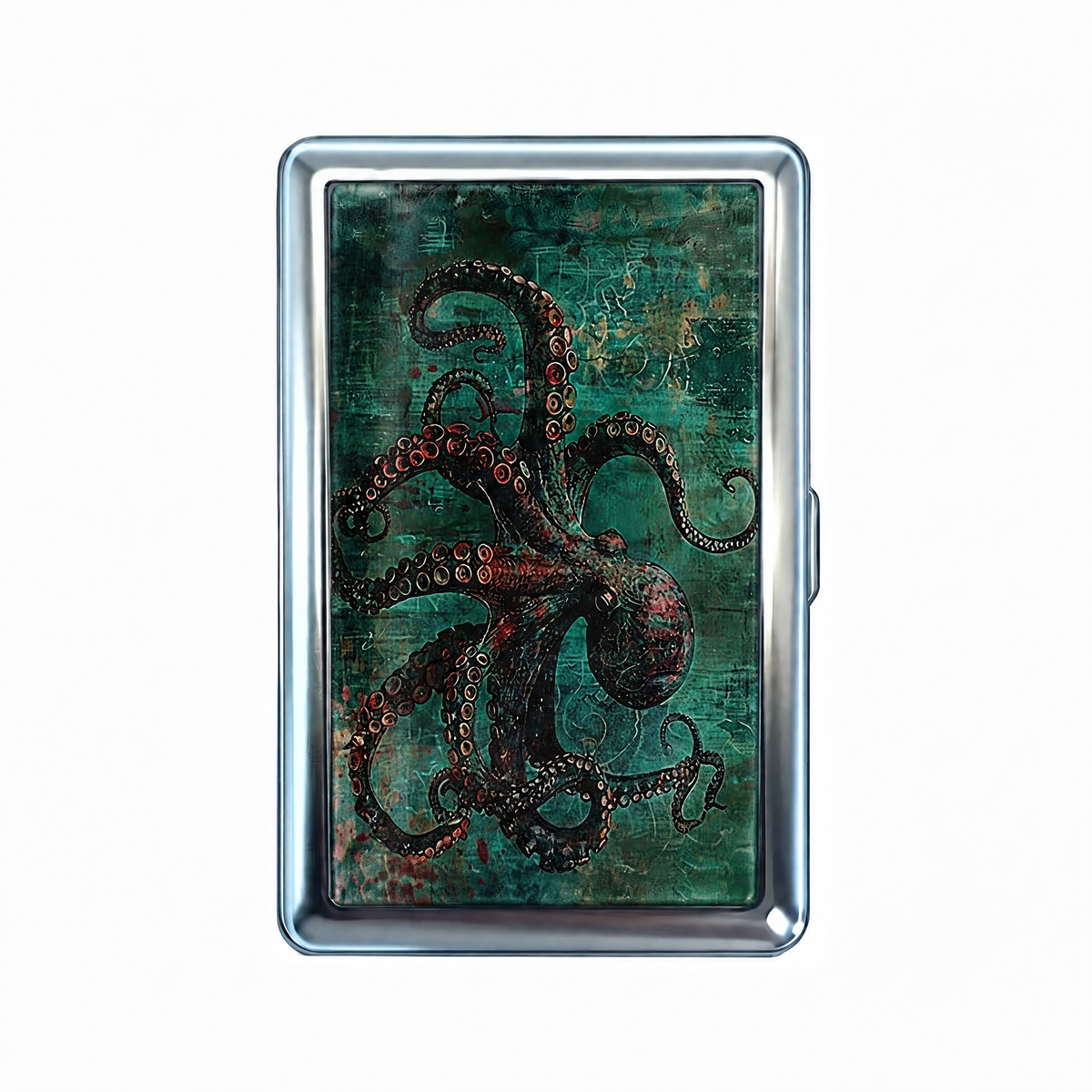 Get Kraken tin cardholder wallet, closed, printed with a kraken filling the case, arms everywhere, on deep teal.