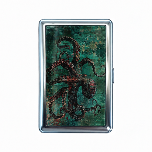 Get Kraken tin cardholder wallet, closed, printed with a kraken filling the case, arms everywhere, on deep teal.
