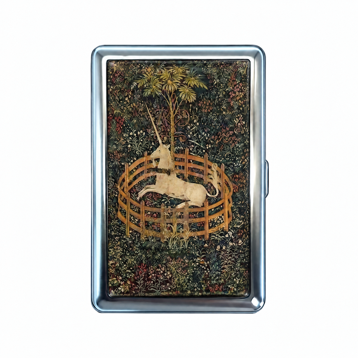 Grounded tin cardholder wallet, closed, printed with the medieval tapestry unicorn sat inside a round fence.