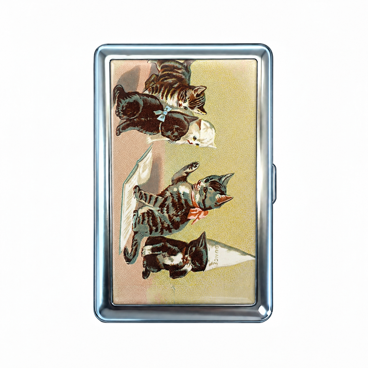 Group Chat tin cardholder wallet, closed, printed with a Victorian scene of kittens tumbling in all directions.
