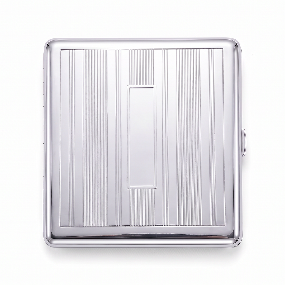 Ingot chrome cardholder wallet, closed, plain brushed steel ruled with fine vertical lines and no motif.