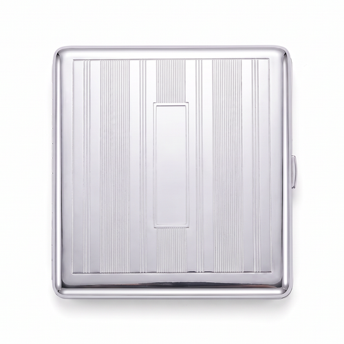 Ingot chrome cardholder wallet, closed, plain brushed steel ruled with fine vertical lines and no motif.