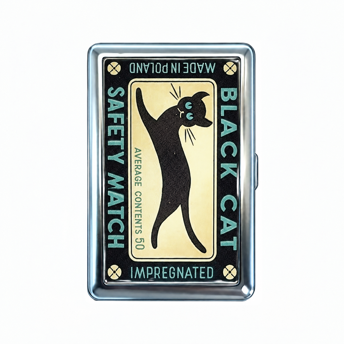 It's A Match tin cardholder wallet, closed, printed with a vintage Black Cat safety match label.