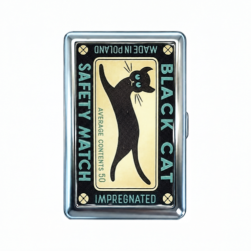 It's A Match tin cardholder wallet, closed, printed with a vintage Black Cat safety match label.