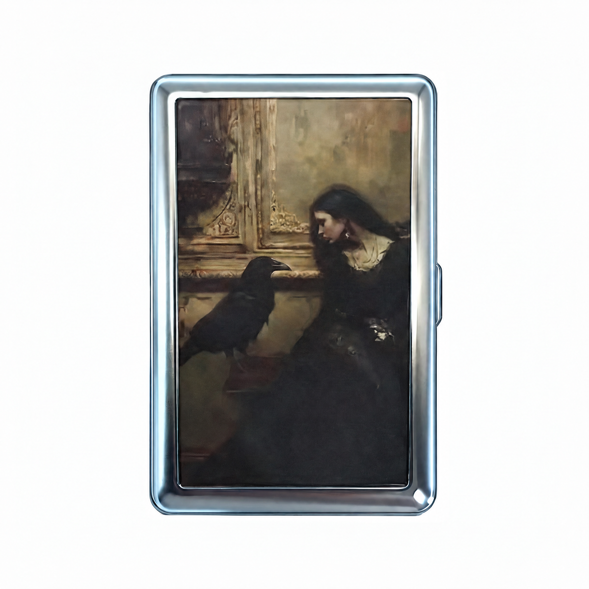 Left On Read tin cardholder wallet, closed, printed with a woman and a raven waiting in a dark room.