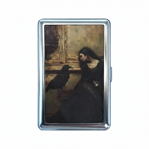 Left On Read tin cardholder wallet, closed, printed with a woman and a raven waiting in a dark room.