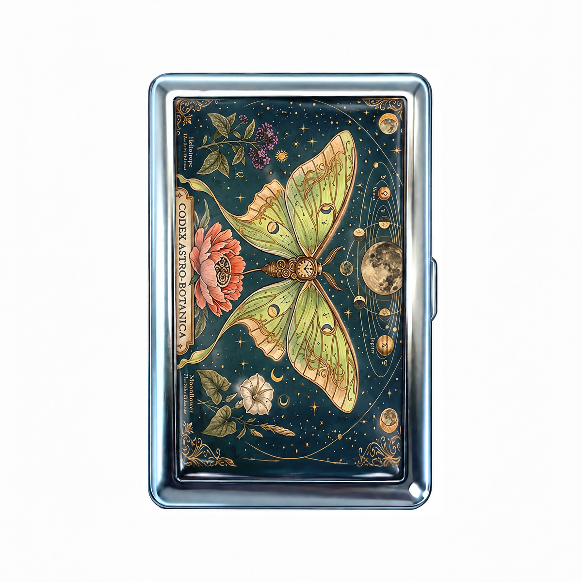 Luna Tic tin cardholder wallet, closed, printed with a luna moth on a botanical star chart.