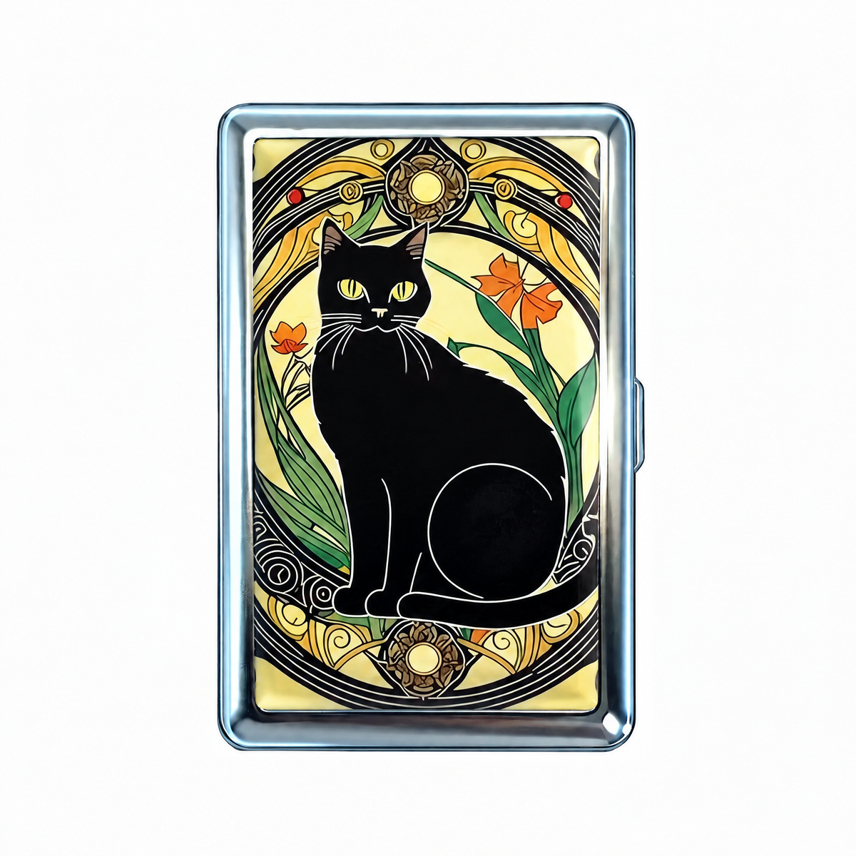 Main Character tin cardholder wallet, closed, printed with an art nouveau black cat framed in its own medallion.