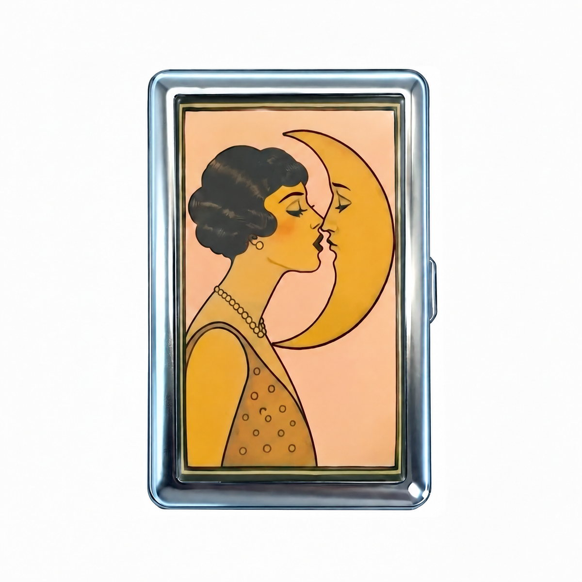 Moon Pull tin cardholder wallet, closed, printed with a deco woman kissing the crescent moon.