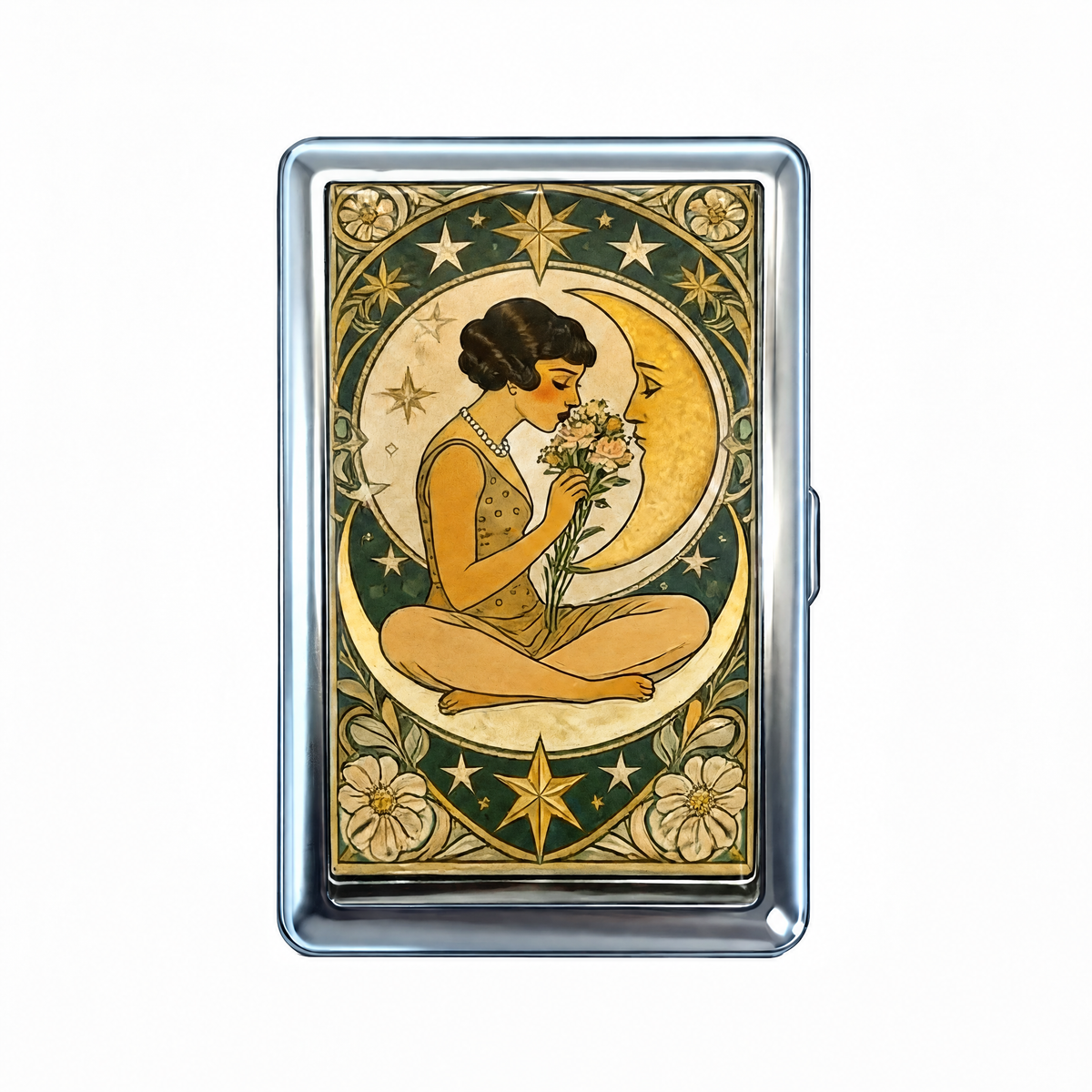 Moon Sitter tin cardholder wallet, closed, printed with an art nouveau figure sat in the crescent with a bouquet.