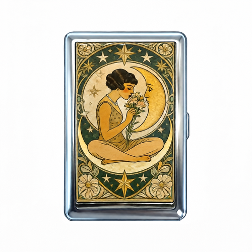 Moon Sitter tin cardholder wallet, closed, printed with an art nouveau figure sat in the crescent with a bouquet.