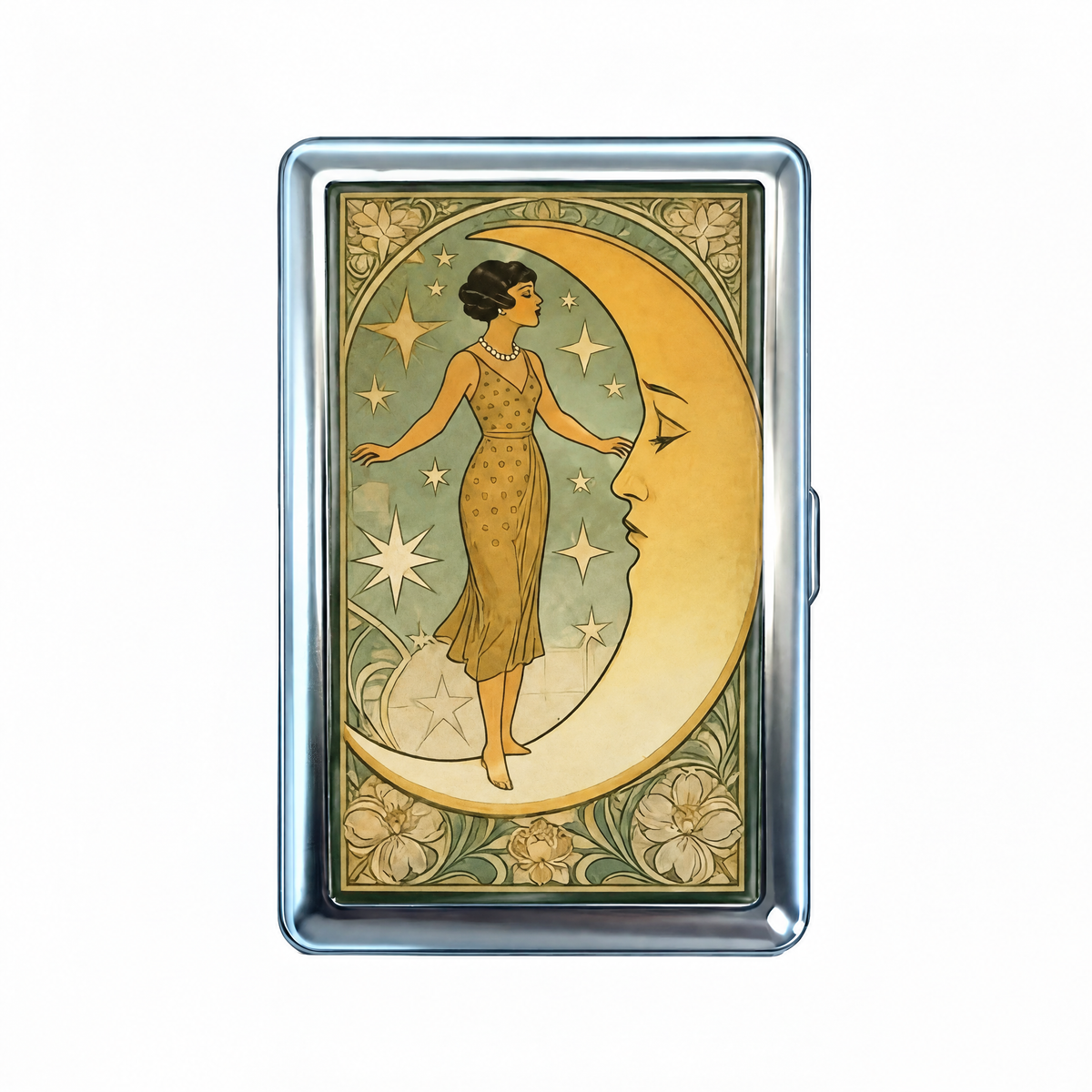 Moonlighting tin cardholder wallet, closed, printed with a gilded figure standing on a crescent among stars.