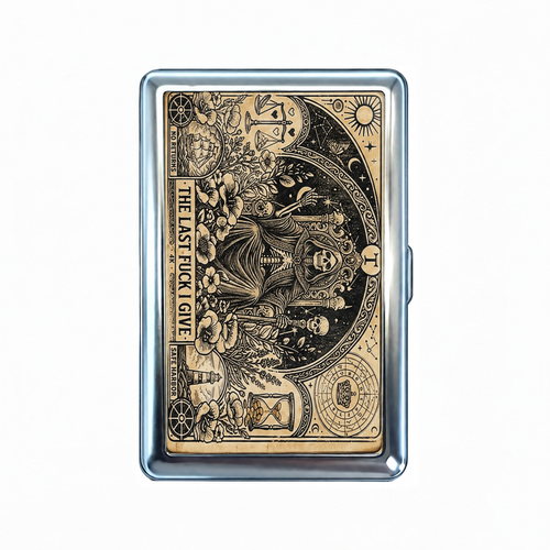 Occupied tin cardholder wallet, closed, printed with an ornate engraving of a robed skeleton on a throne.
