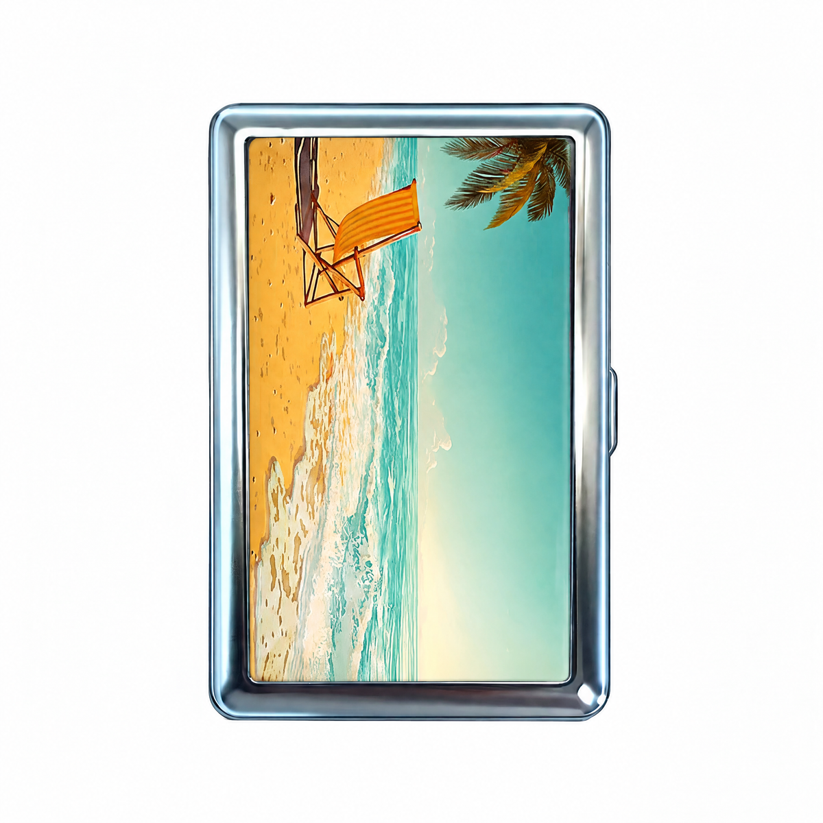 Off Season tin cardholder wallet, closed, printed with a single deck chair and palm on an empty beach.