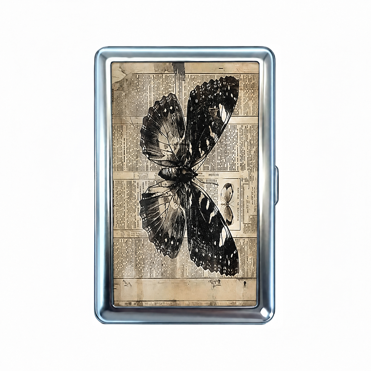 Old News tin cardholder wallet, closed, printed with a black butterfly across a page of old newsprint.