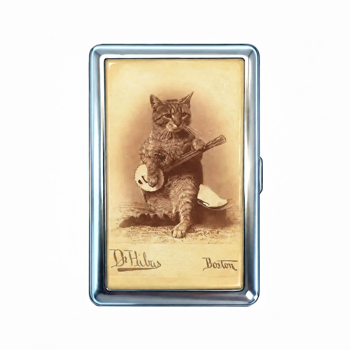Open Mic tin cardholder wallet, closed, printed with a Victorian cabinet photograph of a cat playing a banjo.