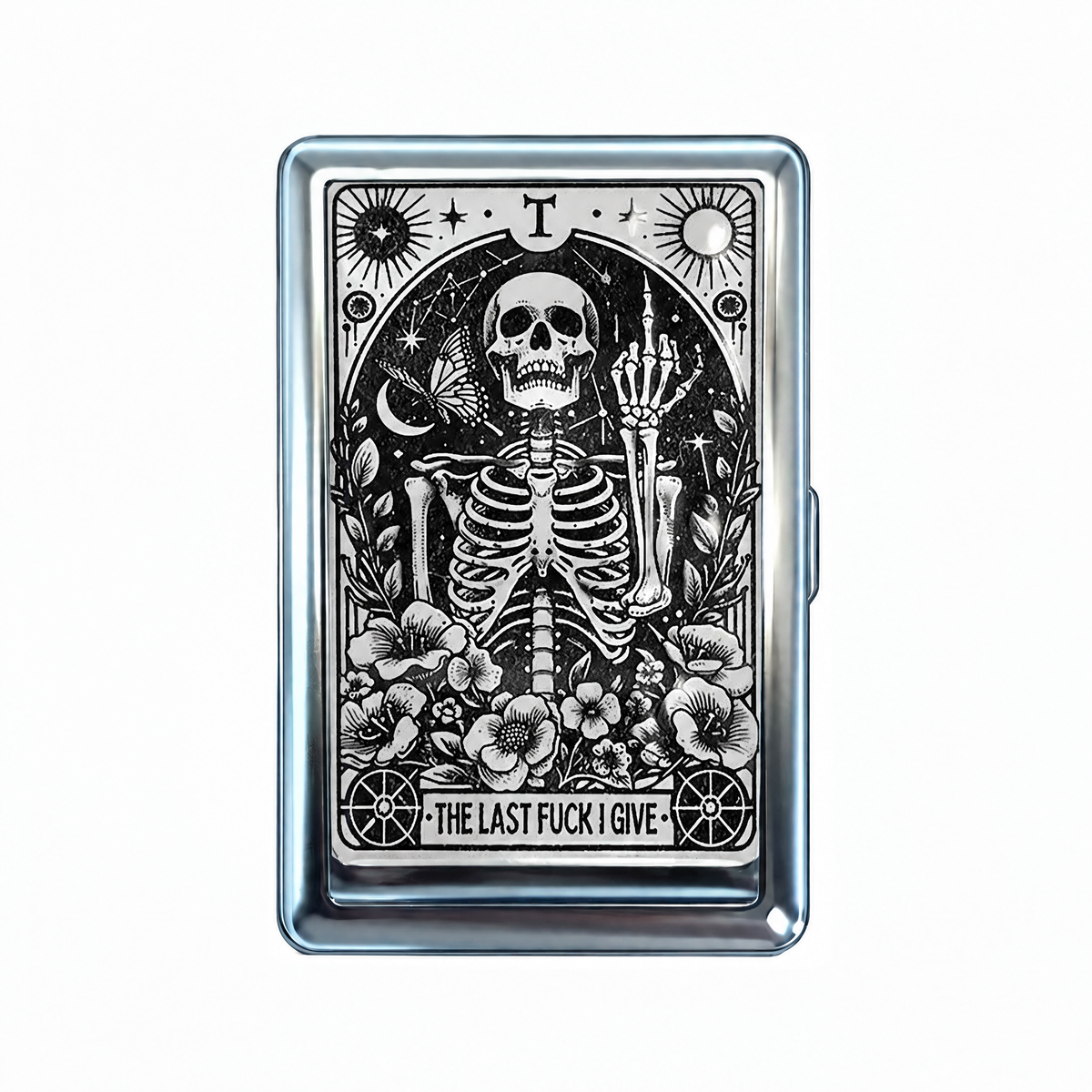 Over It tin cardholder wallet, closed, printed with a black and white tarot card of a skeleton out of patience.