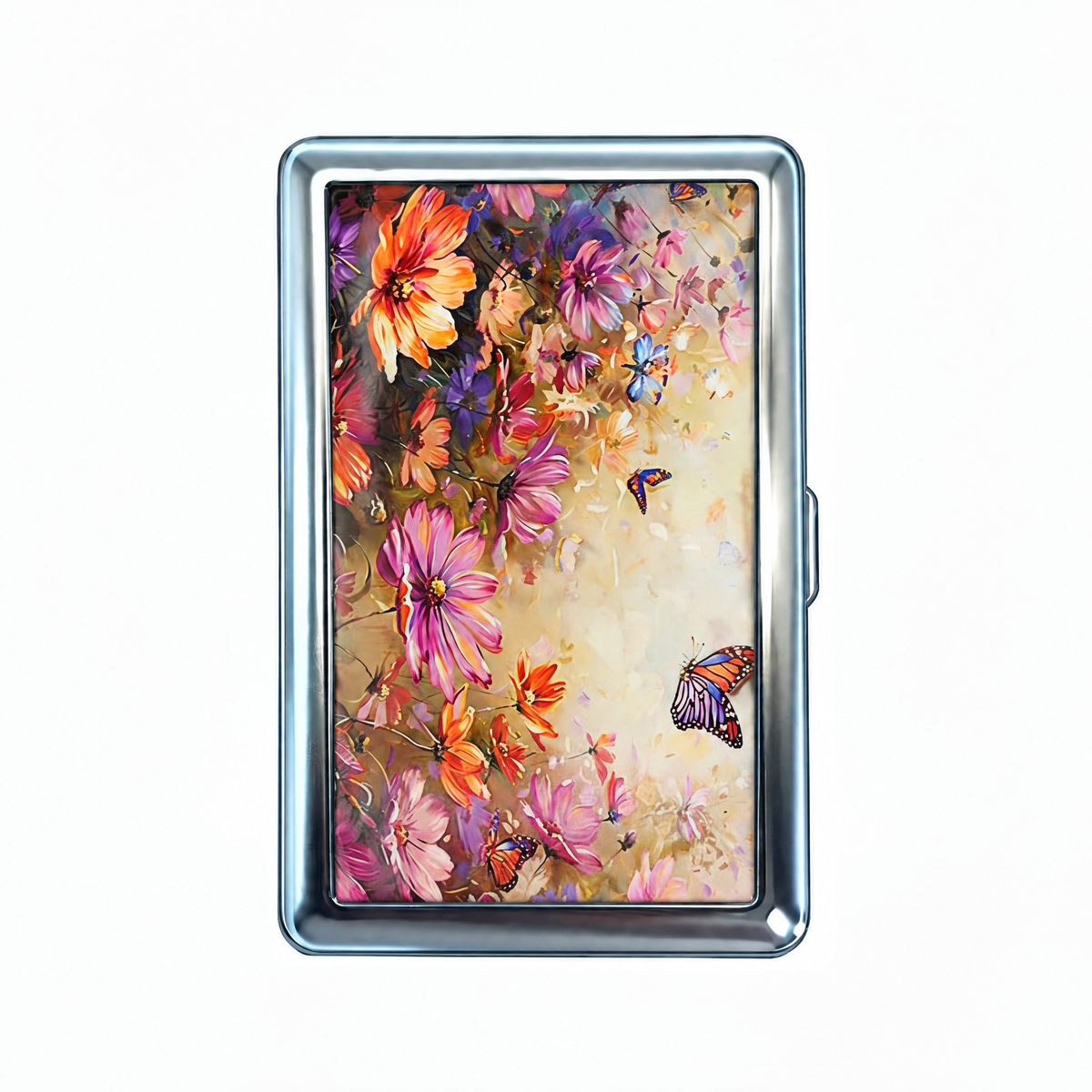 Overgrown tin cardholder wallet, closed, printed with flowers and butterflies packed edge to edge.