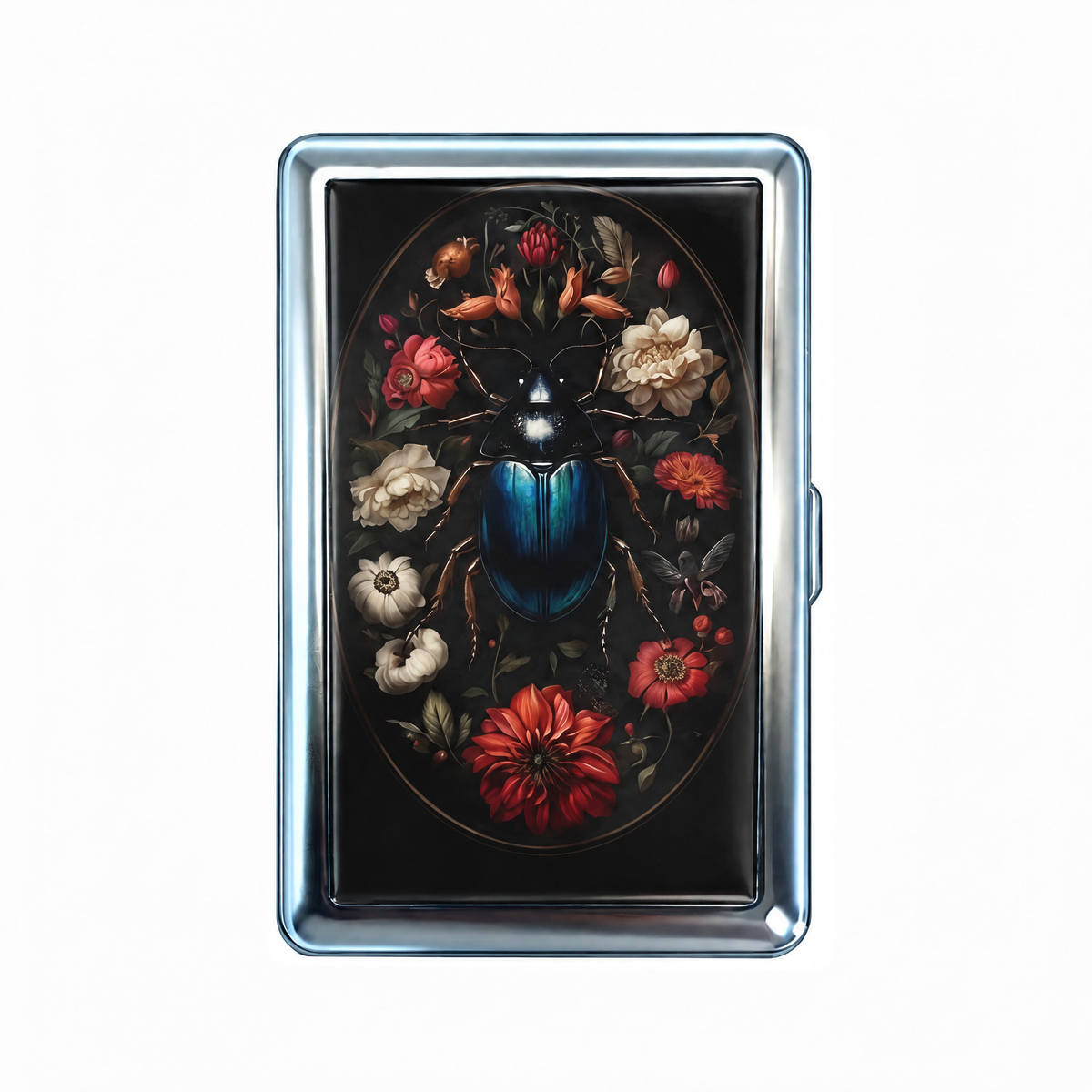 Pinned tin cardholder wallet, closed, printed with a blue beetle set in a dark floral oval like a specimen.