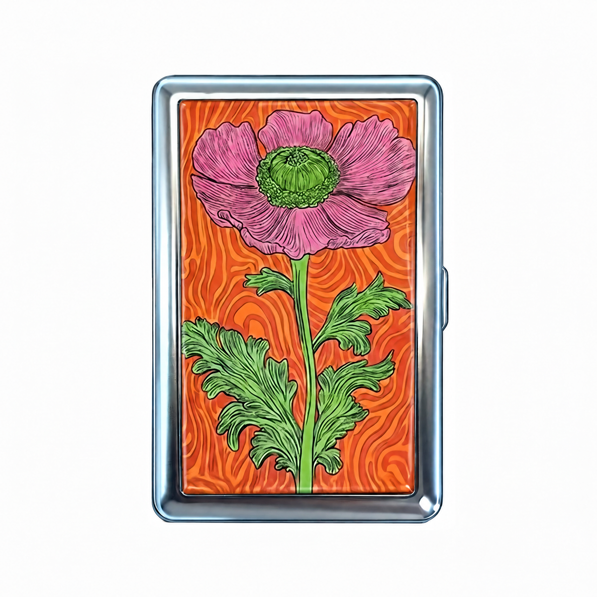 Popping Off tin cardholder wallet, closed, printed with one pink art nouveau poppy on a swirling orange ground.