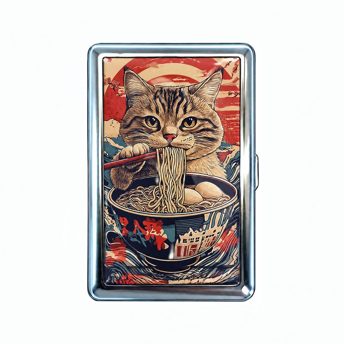 Ramen Holiday tin cardholder wallet, closed, printed with a cat lifting ramen noodles on chopsticks under a red sun.