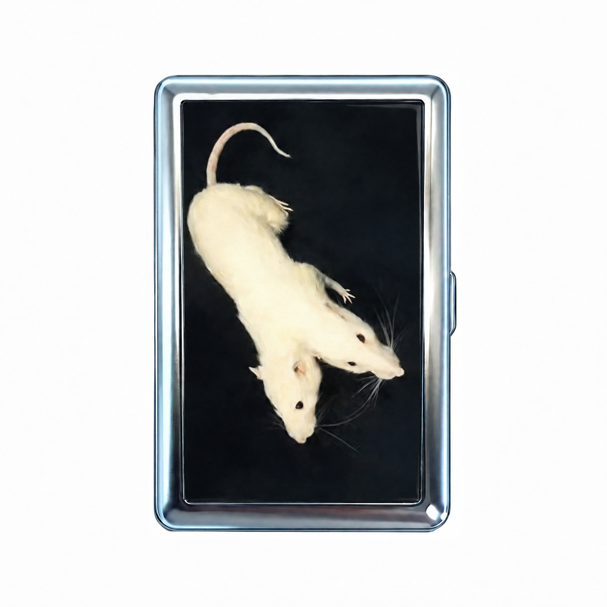 Rat Pack tin cardholder wallet, closed, printed with two white rats photographed on a black ground.