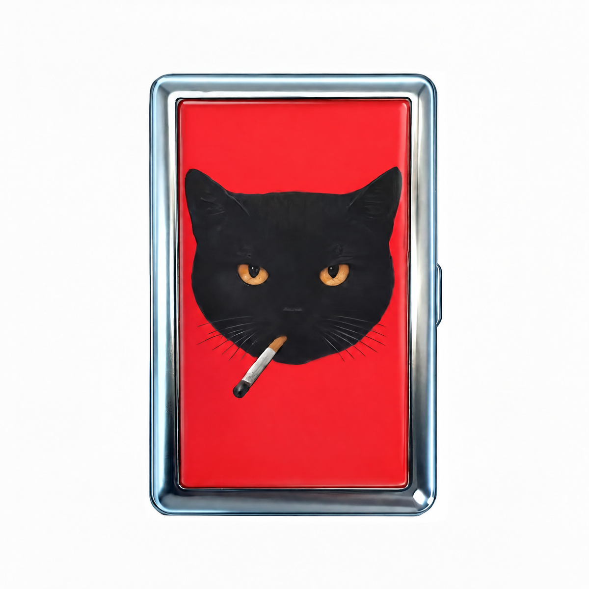 Red Handed tin cardholder wallet, closed, printed with a black cat's face on red, a lit cigarette in its mouth.