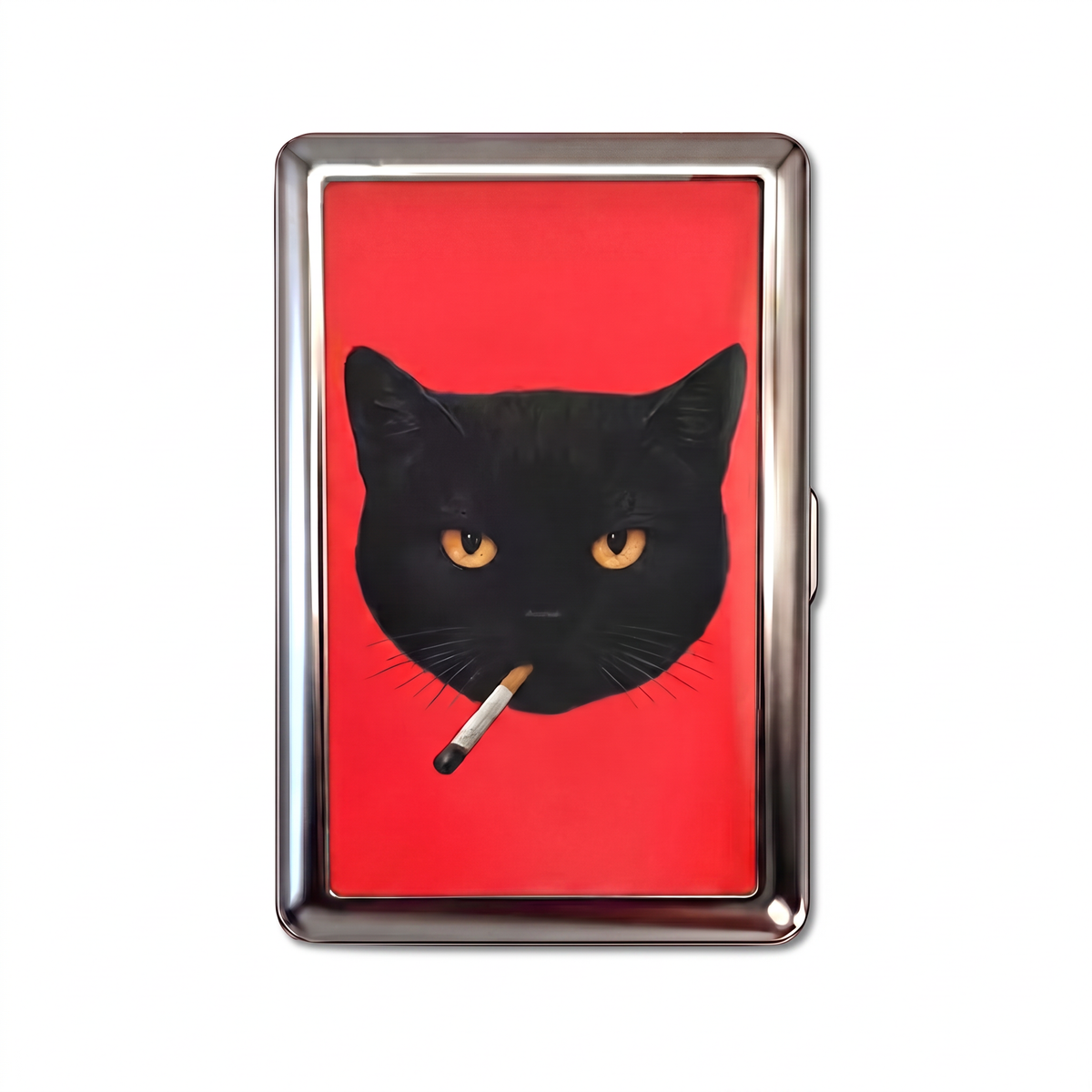 Red Handed tin cardholder wallet, closed, printed with a black cat's face on red, a lit cigarette in its mouth.