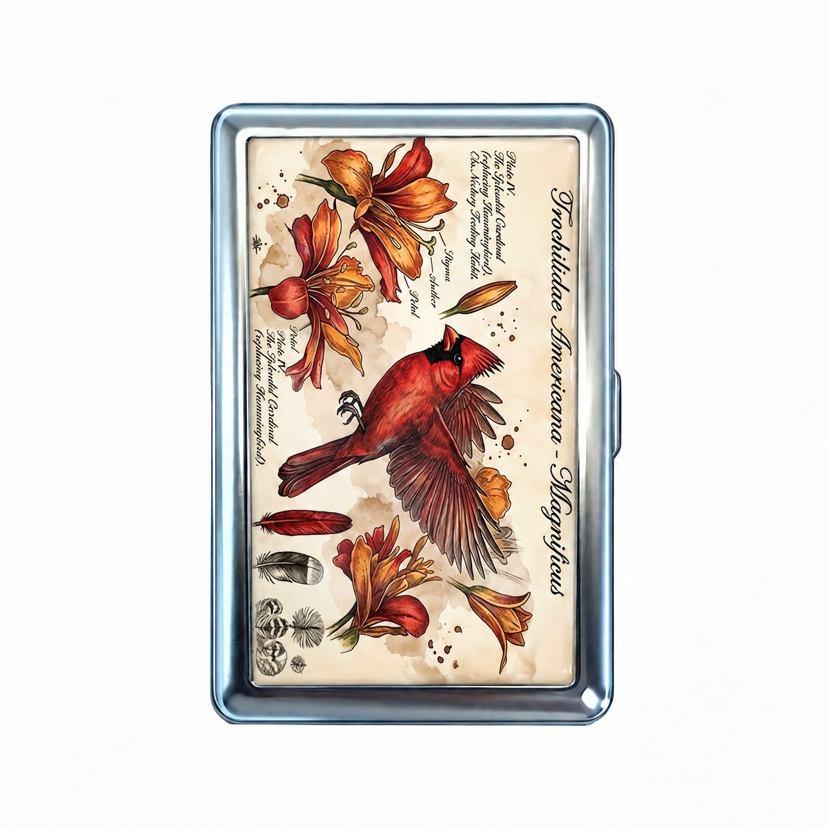 Show Off tin cardholder wallet, closed, printed with an Audubon cardinal in full display among lilies.