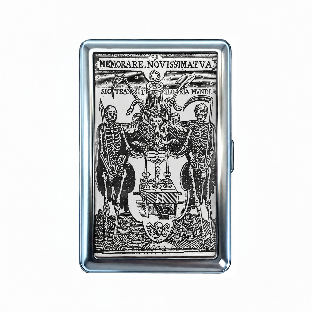 Skeleton Crew tin cardholder wallet, closed, printed with a memento mori engraving held up by two skeletons.