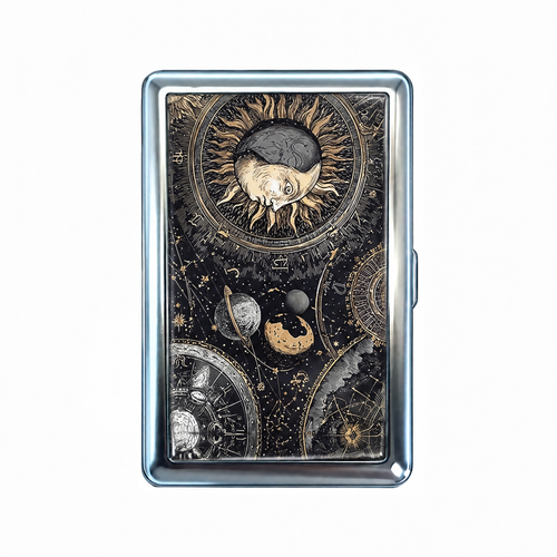 Space Cadet tin cardholder wallet, closed, printed with an engraved celestial chart, a sun face and ringed planets.