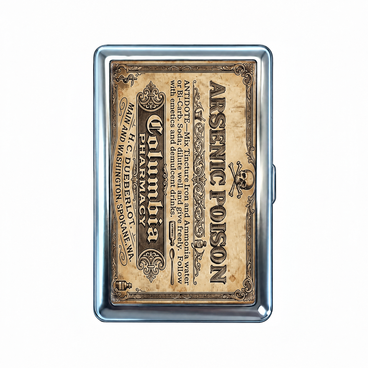 Strictly Medicinal tin cardholder wallet, closed, printed with a Columbia Pharmacy arsenic poison label.