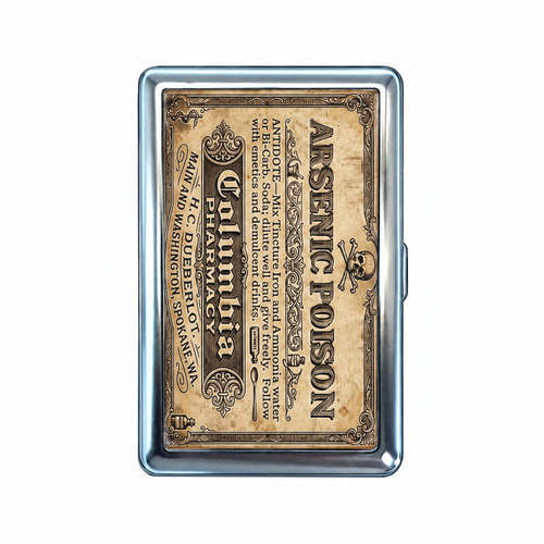 Strictly Medicinal tin cardholder wallet, closed, printed with a Columbia Pharmacy arsenic poison label.