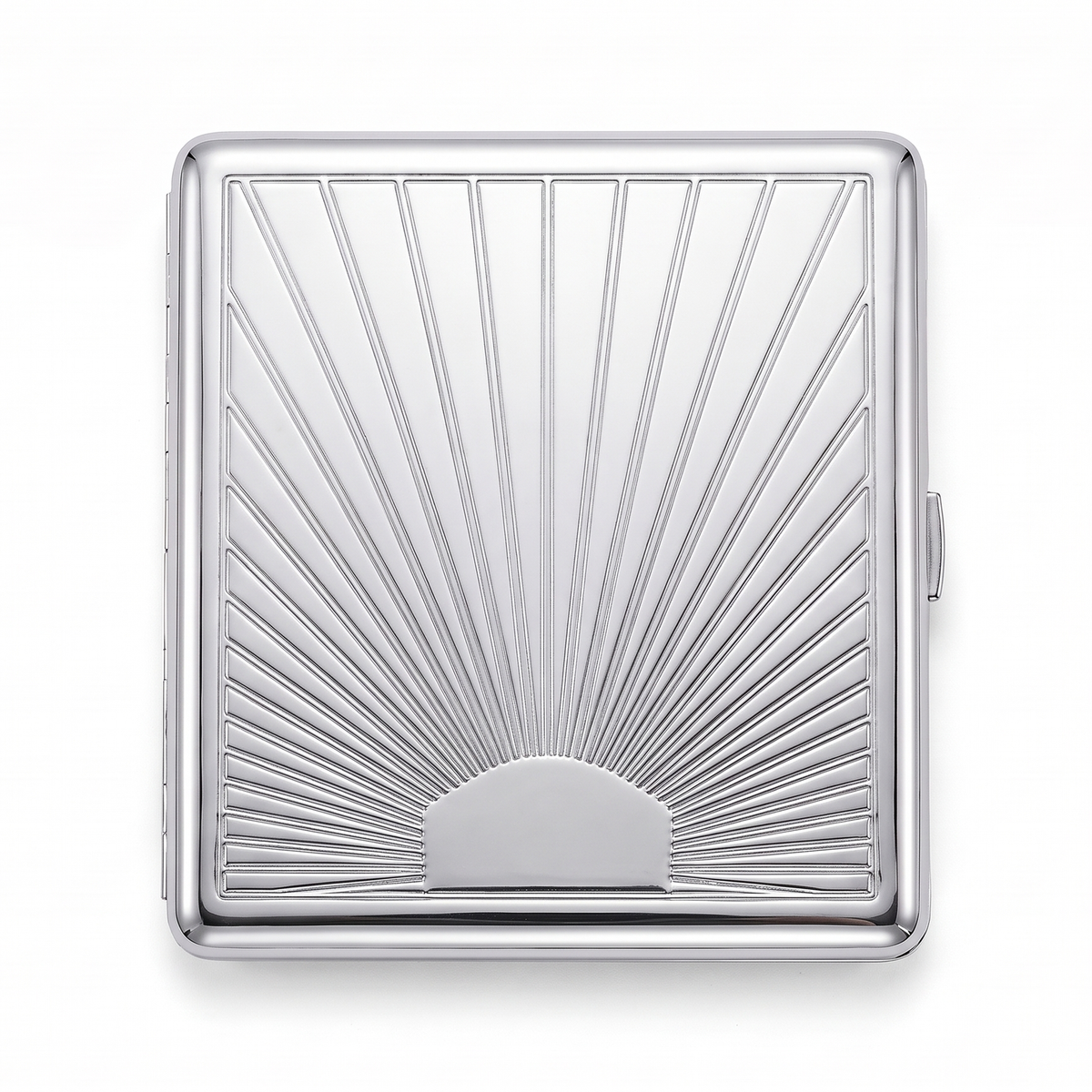 Sunburst chrome cardholder wallet, closed, embossed with a deco fan of rays struck into the steel.