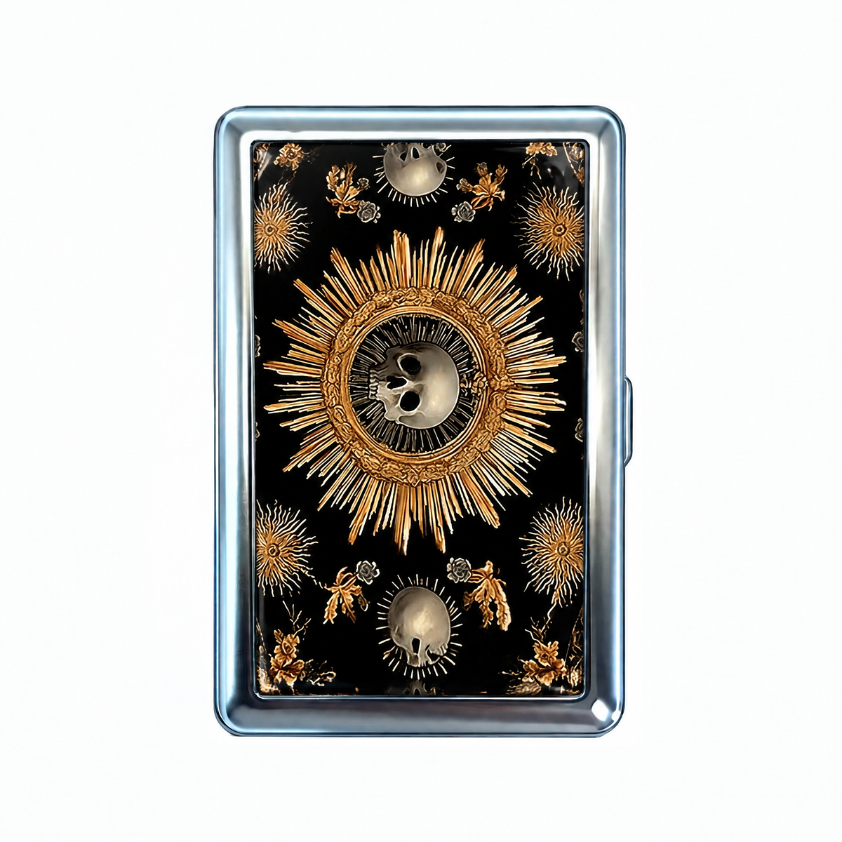 Sunstroke tin cardholder wallet, closed, printed with a gilded sunburst with a small skull at its centre.