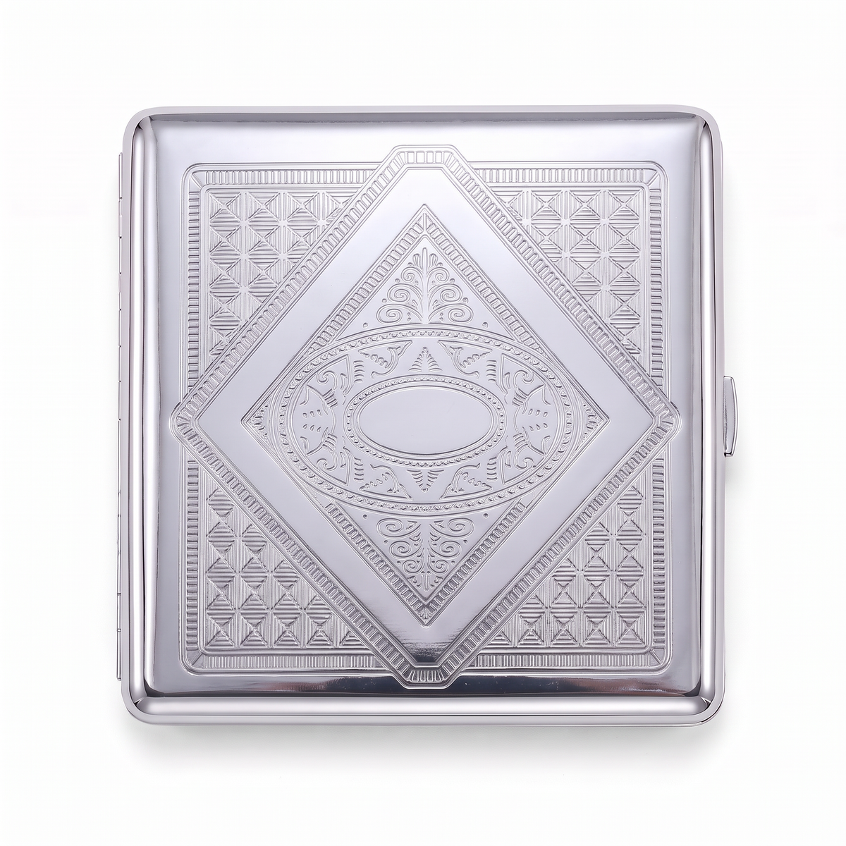 Talisman chrome cardholder wallet, closed, embossed with an eye set inside a stepped diamond.