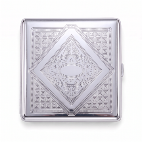 Talisman chrome cardholder wallet, closed, embossed with an eye set inside a stepped diamond.