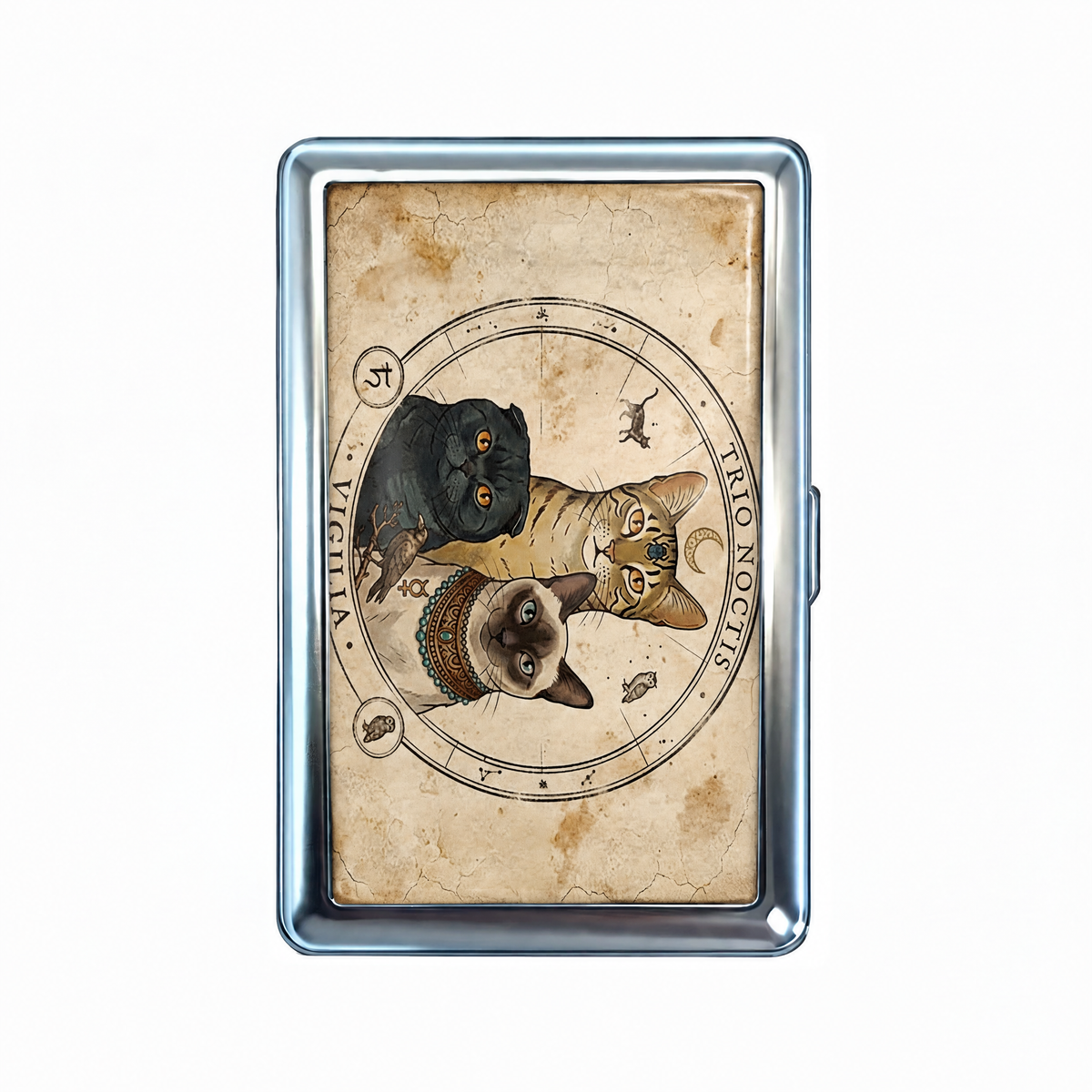 Three Of A Kind tin cardholder wallet, closed, printed with three cats stacked on a tarot card marked VIGILA.