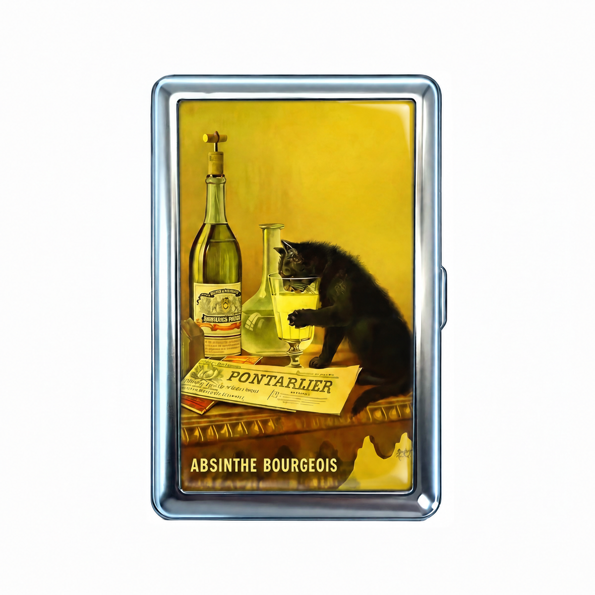 Two Drinks In tin cardholder wallet, closed, printed with a Belle Epoque absinthe poster starring a black cat.