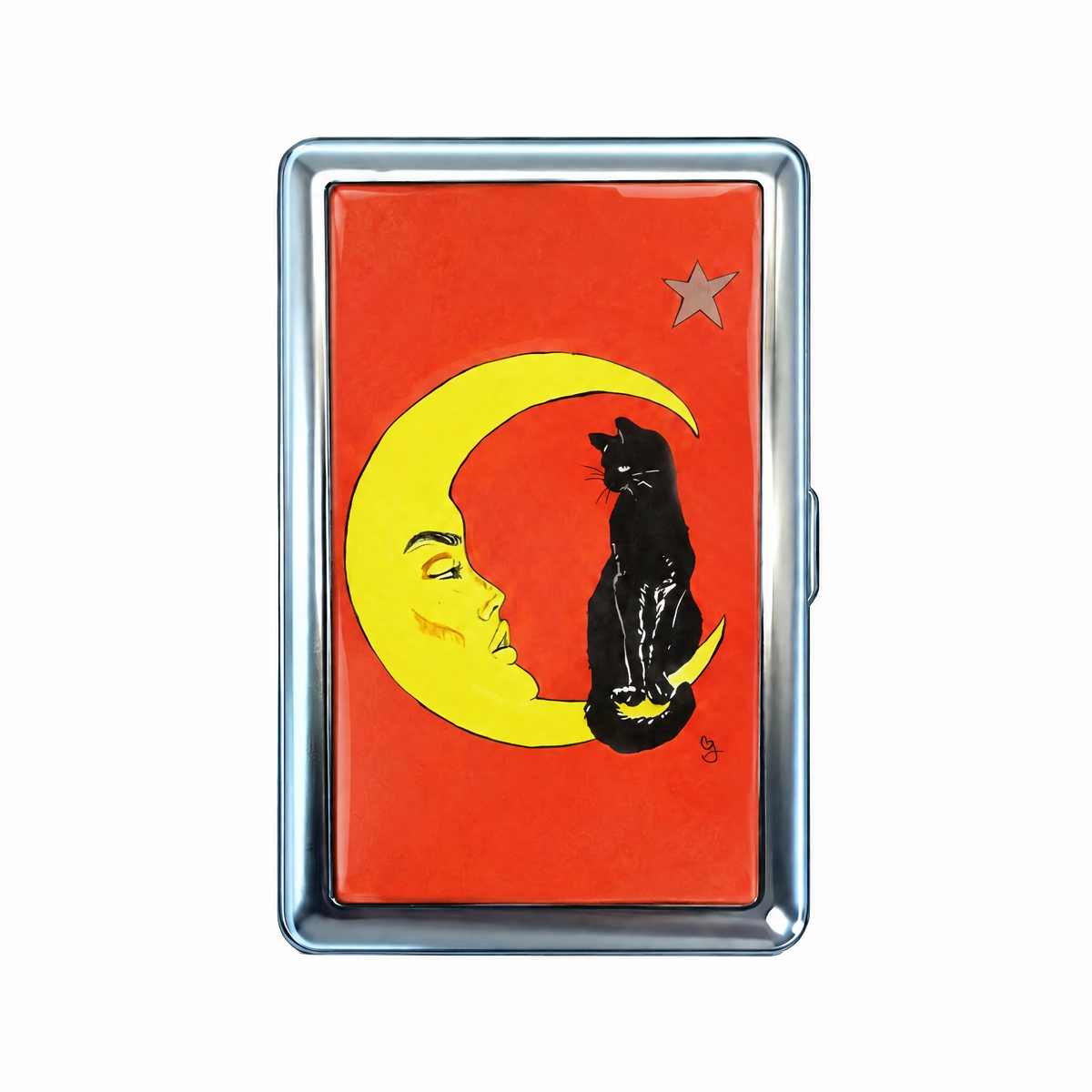 Up Late tin cardholder wallet, closed, printed with a black cat beside a crescent moon with a face, on red.